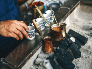 Why can't the coffee be poured out in the Turkish pot? is the Turkish coffee accurate? flavor and taste characteristics