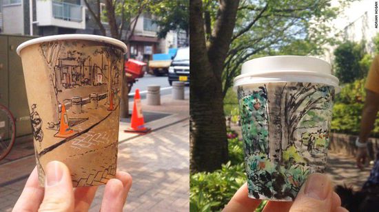 The artist painted a street view of Tokyo, Japan, on a coffee cup.