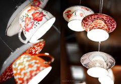 Electric Mavis luminare coffee cups and saucers serve as lampshades