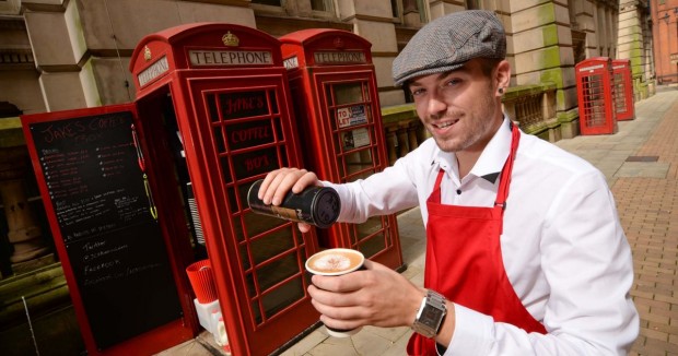 The smallest coffee shop in Britain a telephone booth turned into a coffee shop