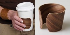 A walnut coffee cup and Starbucks coffee cup that can be worn as a bracelet.