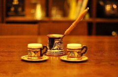 Turkish coffee uses a copper pot with a long handle, 