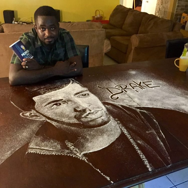 The boy created all kinds of celebrity portraits with salt and coffee.
