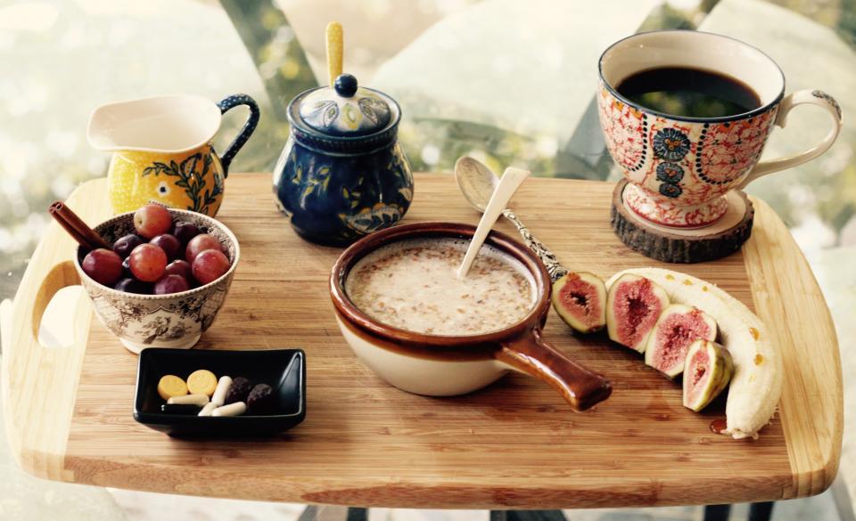 fruit, coffee with tray