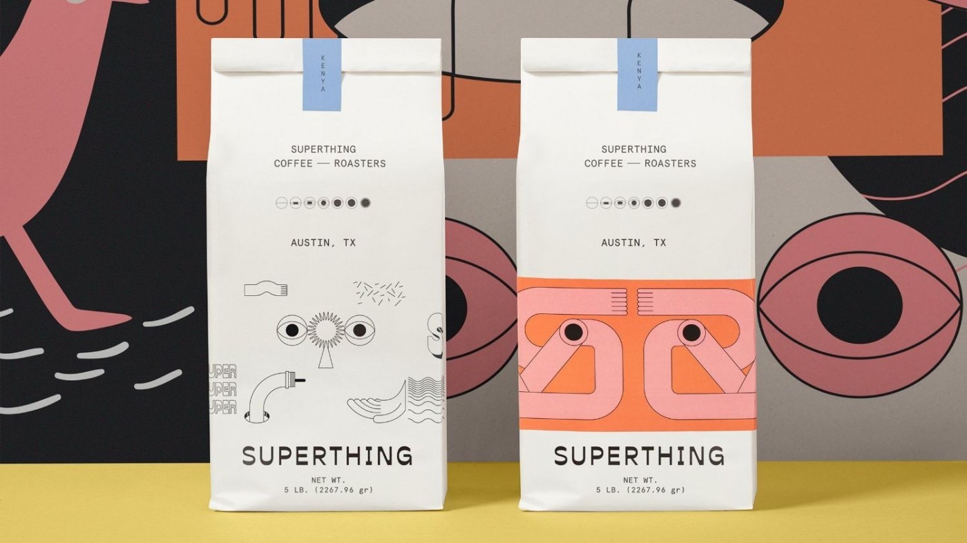 American coffee brand Superthing creates distinct packaging design with exaggerated surreal illustration style.