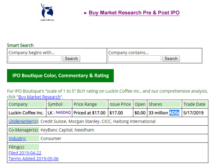 Luckin Coffee's IPO price is 17 US dollars and its market capitalization is estimated to be 4.2 billion US dollars.